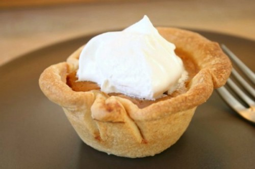 Super cute idea - take a mini approach to the traditional pumpkin pie by using store bought pie dough and muffin tins. Recipe courtesy of MakeandTakes.com 