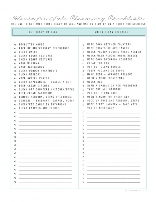 House for Sale Cleaning Checklists - courtesy of Clean Mama